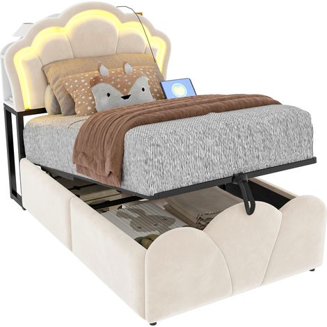 Lit capitonné 90x200 cm avec rangement hydraulique, LED multicolore, prises intégrées et compartiments au niveau de la tête de lit, velours beige - CHICFURN (1/5)