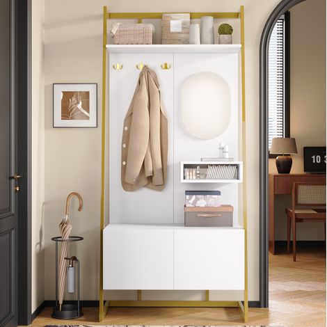 Garderobenmöbel mit Spiegel, Haken und Schuhaufbewahrung, Weiß, OKMYHOME (1/5)