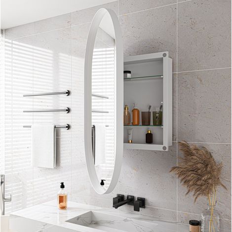 Mueble espejo ovalado mural o empotrable 85 x 51,5 x 12 cm, metal blanco HAVRYA (1/5)