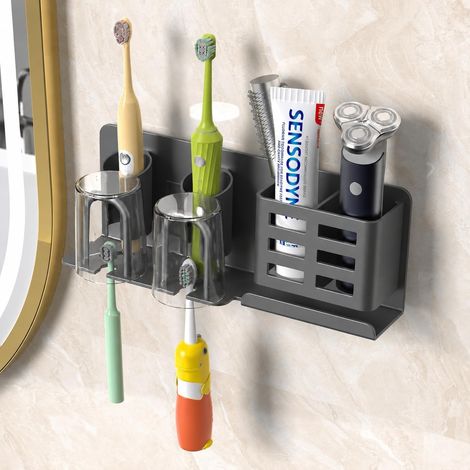 Porte Brosse à Dents Mural en Aluminium, Support Brosse a Dent Electrique sans Perçage avec 2 Porte-Gobelets Inversés, Rangement Salle de Bain pour Dentifrice et Rasoir, Gris (1/5)