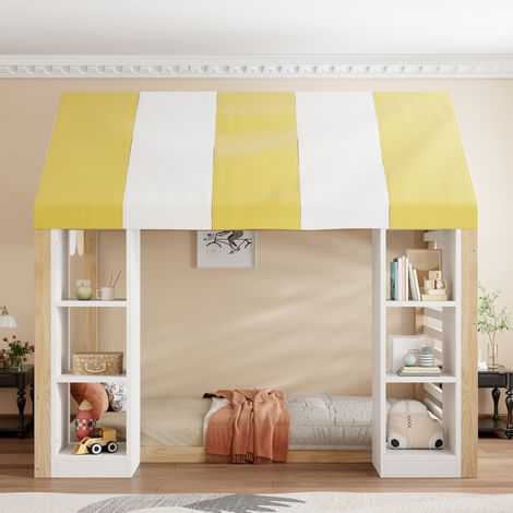 Lit enfant 90 x 200 cm avec baldaquin et rangements ouverts, blanc et naturel (1/5)