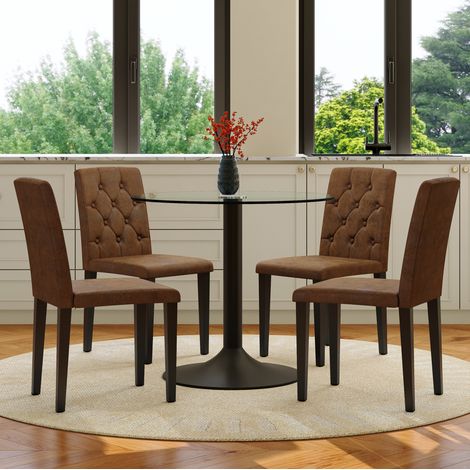 Set tavolo da pranzo con 4 sedie 85x85x76 cm, piano in vetro trasparente, sedie imbottite ergonomiche, metallo nero marrone (1/5)