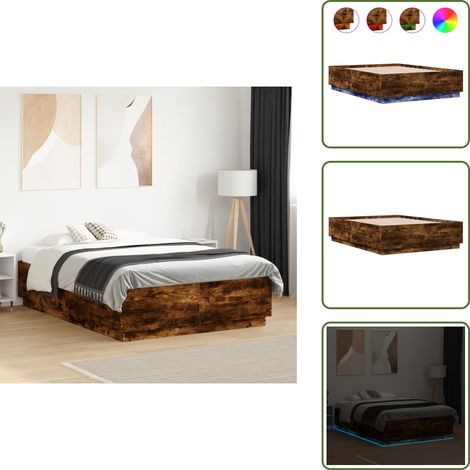 The Living Store Estructura cama con luces LED madera roble ahumado 135x190 cm - Estructura de cama