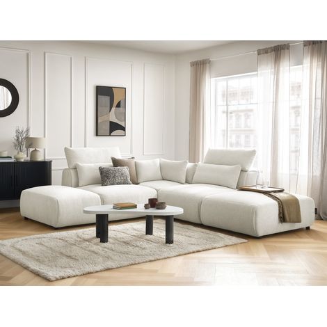 BOBOCHIC - Canapé d'angle fixe modulable avec têtières JANA tissu chiné avec 2 chauffeuses, 1 angle et 2 poufs Réversible Blanc (1/5)