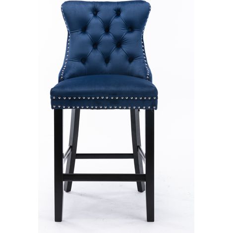 Lot de 2 Tabourets de Bar Bleus en Velours, Capitonnés à Boutons, Pieds Bois et Clous Chromés, Design Contemporain Chic (1/4)