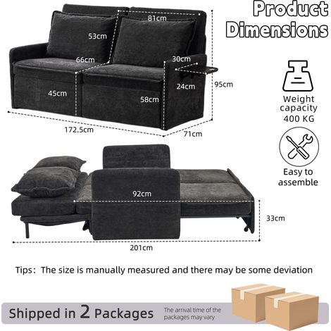 Canapé-lit convertible avec coussins et port USB, canapé 3 en 1 avec dossier inclinable en 5 positions, canapé-lit pliable avec rangement, chenille, noir (1/5)
