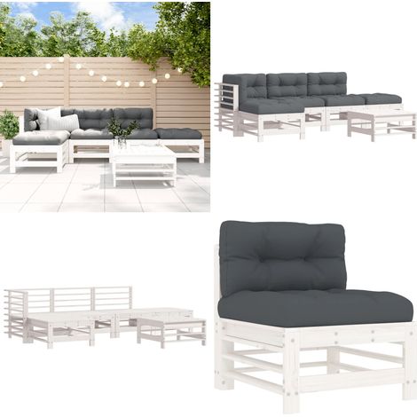 Juego de muebles jardín 6 piezas y cojines madera maciza blanco - Muebles de exterior - Sofás de jardín