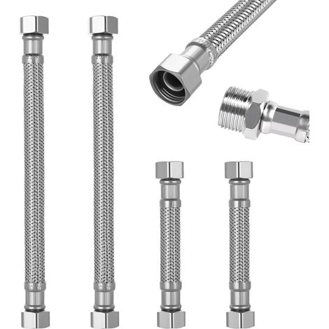 4 Tuyaux de Raccordement Flexibles G3/8" - Raccords Rallonge Tuyau Tressé Acier Inoxydable - Tubes de Rallonge Lavabo pour Cuisine et Salle de Bain (10 cm, 20 cm)