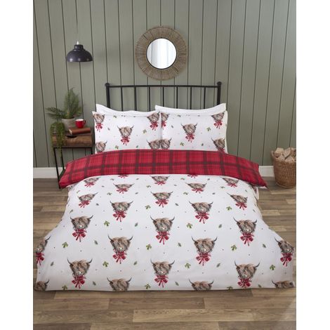 Parure de lit réversible avec Housse de Couette Vaches Highland à Carreaux Rouges pour très Grand lit (1/5)