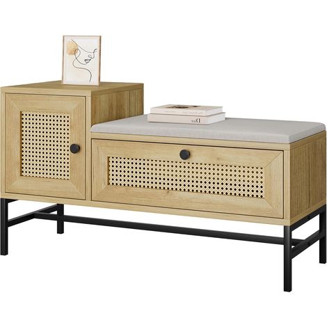 Banc à chaussures rotin style ferme avec coussin, caisson et tiroir pour entrée (1/5)