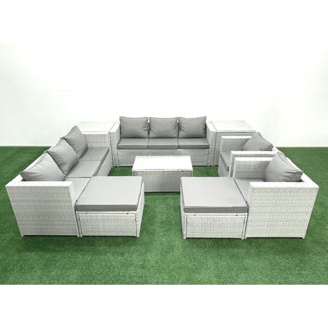 Fimous Rattan Sofa Gartenmöbel Set mit 2 Sesseln Rechteckiger Couchtisch 2 hohen Hockern 2 Beistelltischen Hellgrau gemischt (1/5)