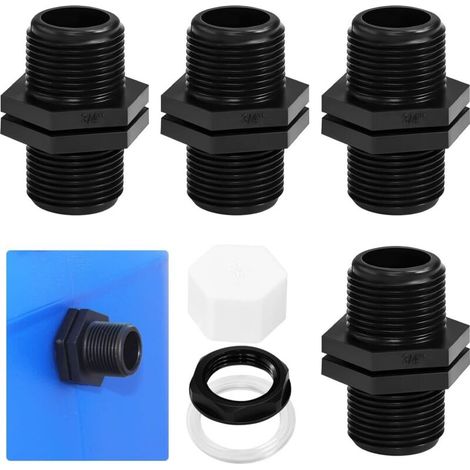 4 PCS Raccords Plein Cuve Eau 25mm Trop Plein Cuve Eau Passe Paroi Cuve Eau Raccords de Cloison avec 4 Écrous, 4 Joints, 4 Bouchons pour Cuve Eau,Tonneau,Citerne (3/4 Pouces) (1/5)