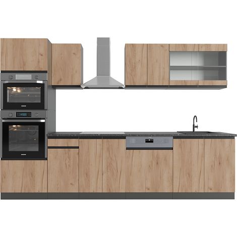 Küchenzeile R-Line, Goldkraft Eiche/Anthrazit, 300 cm mit Hochschrank, AP Anthrazit, Vicco