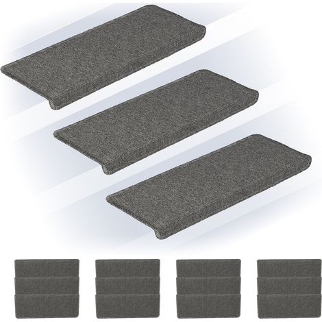 Relaxdays Stair Treads, Set of 15, Rectangular Step Mats, 65 x 24 cm, Self-Adhesive, Non-Slip, Carpet Runner, Grey (1/5)