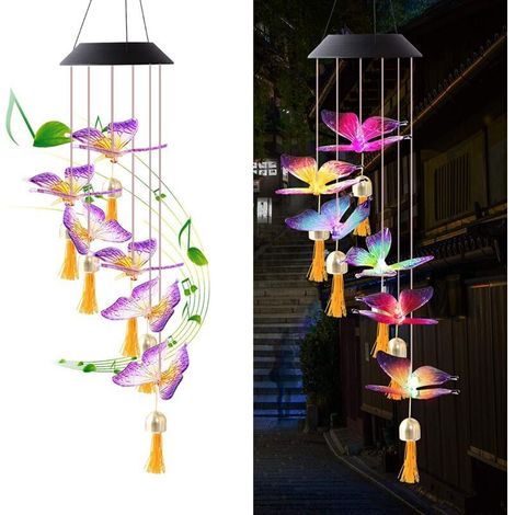 Papillons Carillon De Vent Solaire, Lumieres Changeantes De Couleur, Led Decoratives, Lumieres Solaires Exterieures Impermeables Pour La Maison / Cour / Patio / Jardin / Cadeau De Maman (1/4)