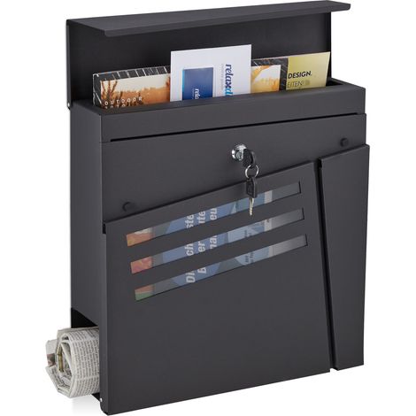 Relaxdays Briefkasten mit Zeitungsfach, Sichtfenster, HBT 37x37x11 cm, 2 Schlüssel, Stahl, moderner Postkasten, schwarz