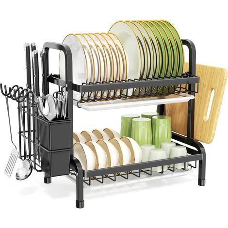 Egoutoire Vaisselle Cuisine Noir, 2 Étages INOX avec Égouttoir Et Support pour Couverts, Planche À Découper sur Évier, Égouttoir À Vaisselle pour Assiette
