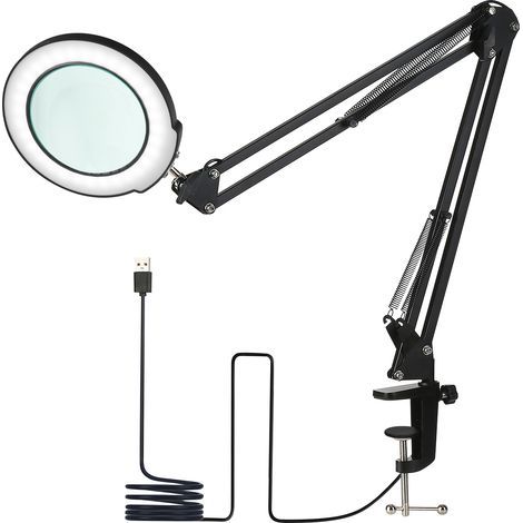 Clamp-on table lamp with 5x magnifier, swing arm, dimmable LED, touch control, 5 brightness levels with adjustable color temperature, for reading, operation, USB Plug and Play (1/5)