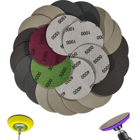 Disque de Ponçage - 75 mm - Auto-Agrippant Velcro - Grain 1000 1500 2000 3000 4000 5000 - Pour Métal et Bois - Lot de 24