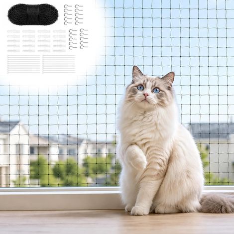 Filet de protection pour chat pour balcon, 8 x 3 m, noir, sans perçage, renforcé en fil de fer pour fenêtre, terrasse, porte, intérieur et extérieur (1/5)