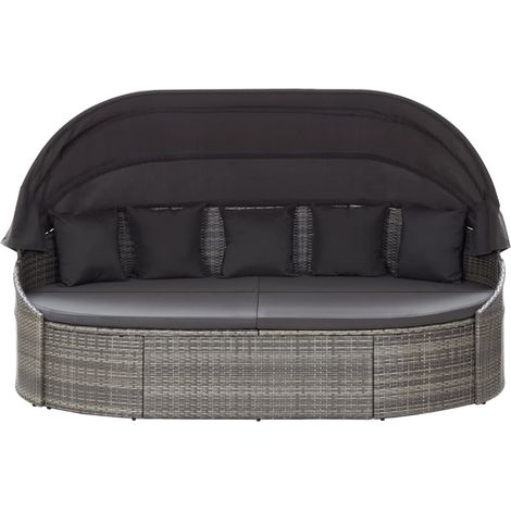 Chaise longue Transat Bain de soleil d'extérieur avec auvent Résine tressée Gris (1/5)