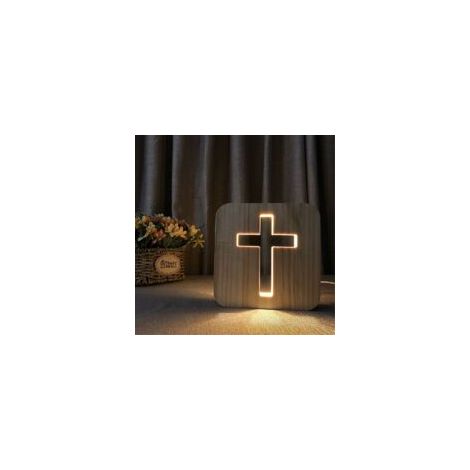 Lablanc – Veilleuse LED 3D croix Jésus – Lampe de chevet en bois de pin massif – Alimentation USB – Lumière blanche chaude pour chambre à coucher (1/5)