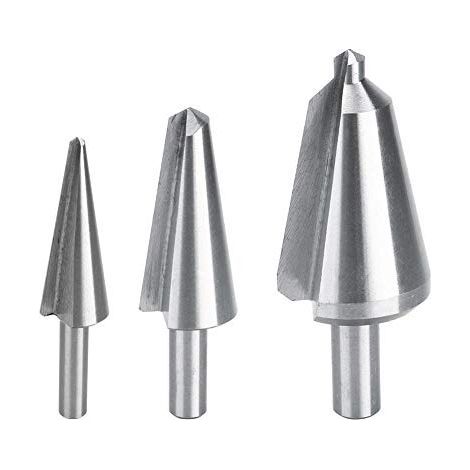 Set of 3 HSS stepped conical drill bits for precise drilling of 16–30.5 mm and 3–14 mm diameters in steel, wood, plastic, and copper. (1/4)