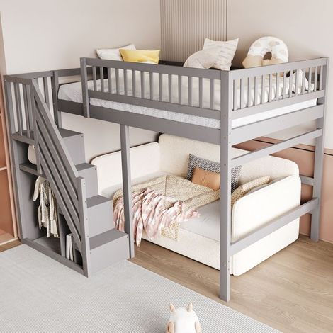 Lit enfant/adolescent 140x200 cm en bois massif gris avec escalier de rangement et rambarde haute (1/5)