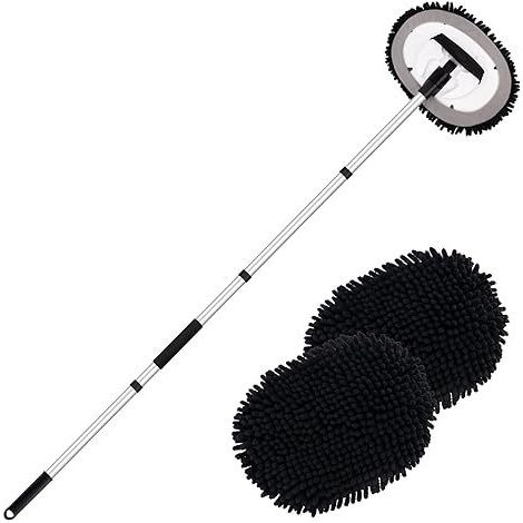 Kit di pulizia con spazzola per autolavaggio e manico lungo, spazzola in microfibra di ciniglia 2 in 1 per veicoli, auto, camion, roulotte, senza graffi (nero)