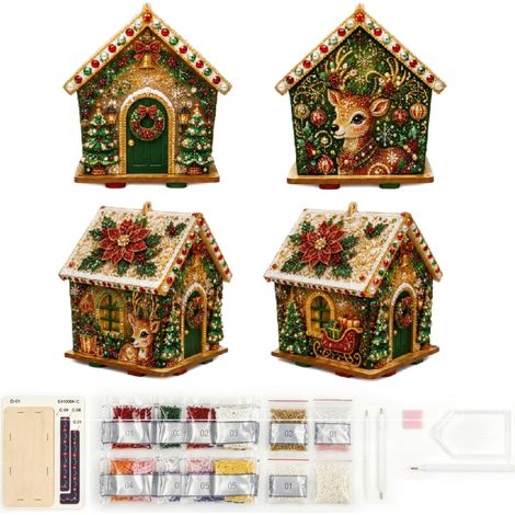 Kit de décoration de maison en pain d'épice en bois 3D à monter soi-même Irovami avec fausses perles – Motif rennes de Noël (1/5)