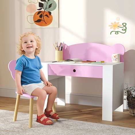 Ensemble bureau enfant. Bureau et chaise en forme d'ours. Tiroir. Idéal pour écrire et bricoler. De 3 à 8 ans. Rose. (1/5)