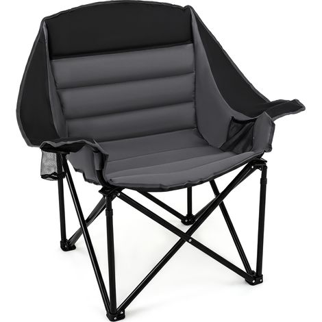 Chaise de Camping Pliante, Fauteuil avec Cadre Métallique en X, Assise Rembourrée Confortable, Porte-gobelet & Poche en Maille, Charge 230 kg, Noir (1/5)