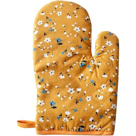 Set di 2 guanti da forno angolati in cotone resistente al calore, con rivestimento antiscivolo e resistente al calore per cucinare, cuocere al forno e grigliare (giallo) (1/2)