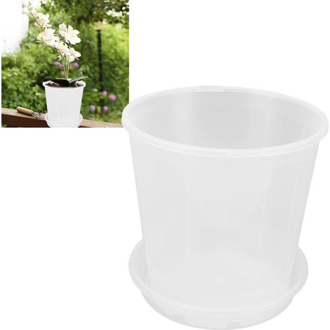 Juego de orquídeas NF180: 5 macetas con orificios de drenaje y platillos transparentes de plástico resistente para jardines de interior y exterior. (1/5)