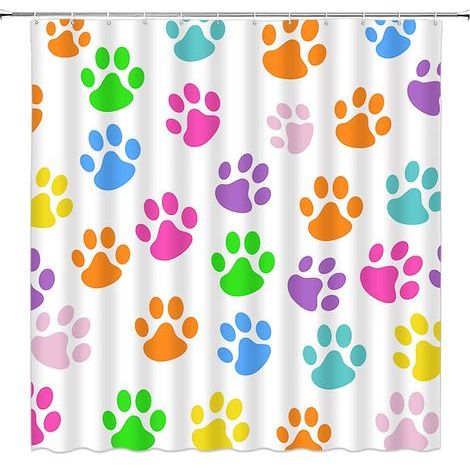 Rideau de douche à motifs de pattes colorées – Empreintes de pattes de chien et de chat, motif animal mignon de dessin animé, ensemble de décoration de salle de bain moderne, avec crochets (70 pouces (1/3)