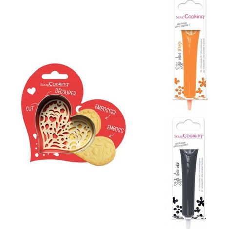 Kit pour biscuit en relief Coeur + 2 Stylos au chocolat orange et noir (1/3)
