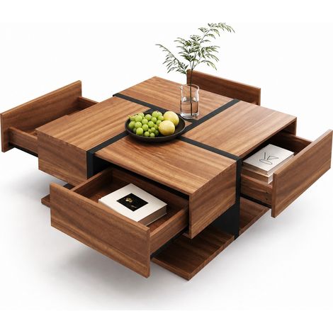 Tavolino da caffè quadrato con 4 cassetti 78 x 78 x 36 cm in truciolare effetto legno naturale (1/5)