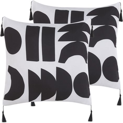 Conjunto de 2 cojines de poliéster blanco negro patrón geométrico borlas decorativas 45 x 45 cm Liriope