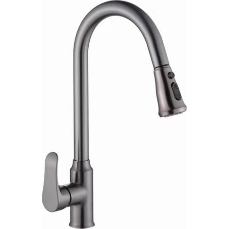 All-copper pull-out kitchen sink faucet, household kitchen extendable dishwashing basin, hot and cold water splash-proof faucet -- copper body, gunmetal gray pagoda style, inlet pipe.