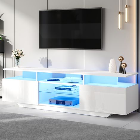 MEUBLIV Meuble TV 160x40x45 cm blanc – LED, 2 armoires, grand rangement 70 pouces (1/5)