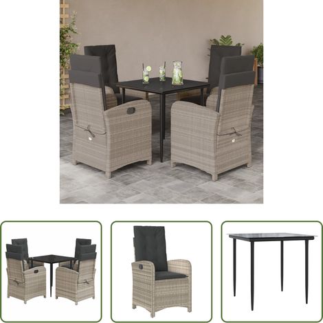 vidaXL Gartenessgruppe -  5-tlg. Garten-Essgruppe mit Kissen Hellgrau Poly Rattan (1/5)