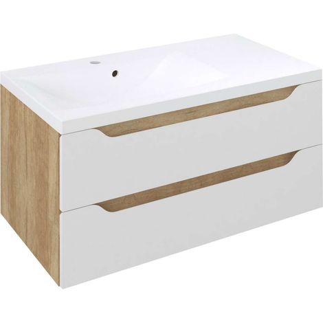 Sapho Wave - Mueble de lavabo 90 x 45 x 48 cm, 2 cajones, izquierda, blanco/roble alabama WA092-3022 (1/5)