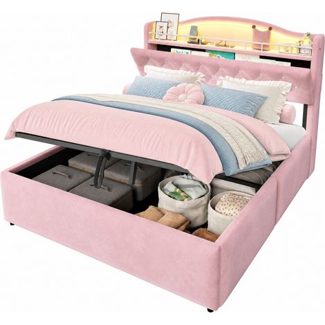 Lit coffre 140 x 200 cm en velours rose avec LED, ports USB et USB-C, tête de lit à rangements et structure métallique renforcée - CHICFURN (1/5)