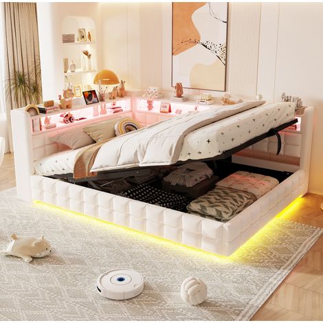 Divano letto imbottito 140x200 cm beige in velluto con vano idraulico, LED e prese (1/5)