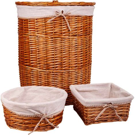 Set cesto de ropa y dos cestos de mimbre forrados marrones