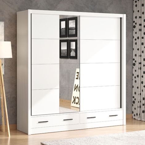 Garderobe 2 Türen Copala, Schlafzimmer Schrank 4 Einlegeböden, Kleiderstange, 2 Schubladen, 205x216h cm Weiß Matt (1/5)
