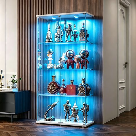 JOOKGBD-Glasvitrine,vitrinenschrank mit 2Türen 4Regalen transparent,Glasvitrine mit LED-Beleuchtung,Sammlerstücke Glasvitrine,Vertikale Glasvitrine,für Wohnzimmer Schlafzimmer Büro,Weiß