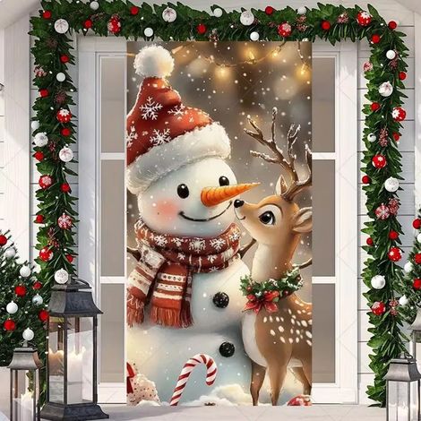 Stickers de porte de Noël, décorations de porte Père Noël, décorations de fête du Nouvel An, décorations de fêtes, banderoles/décorations de porte - 90 x 180 cm (avec trous et ruban) - Lot de 3