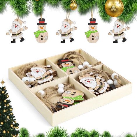 Adornos navideños de madera，Decoración para el árbol de Navidad，Decora el árbol de Navidad，Con Papá Noel y muñeco de nieve，12 piezas，Color madera (1/5)
