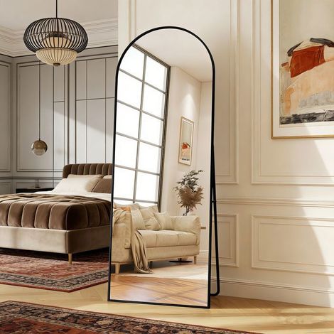 Miroir arqué sur pied et mural 164 x 54 cm - cadre aluminium noir, pleine longueur